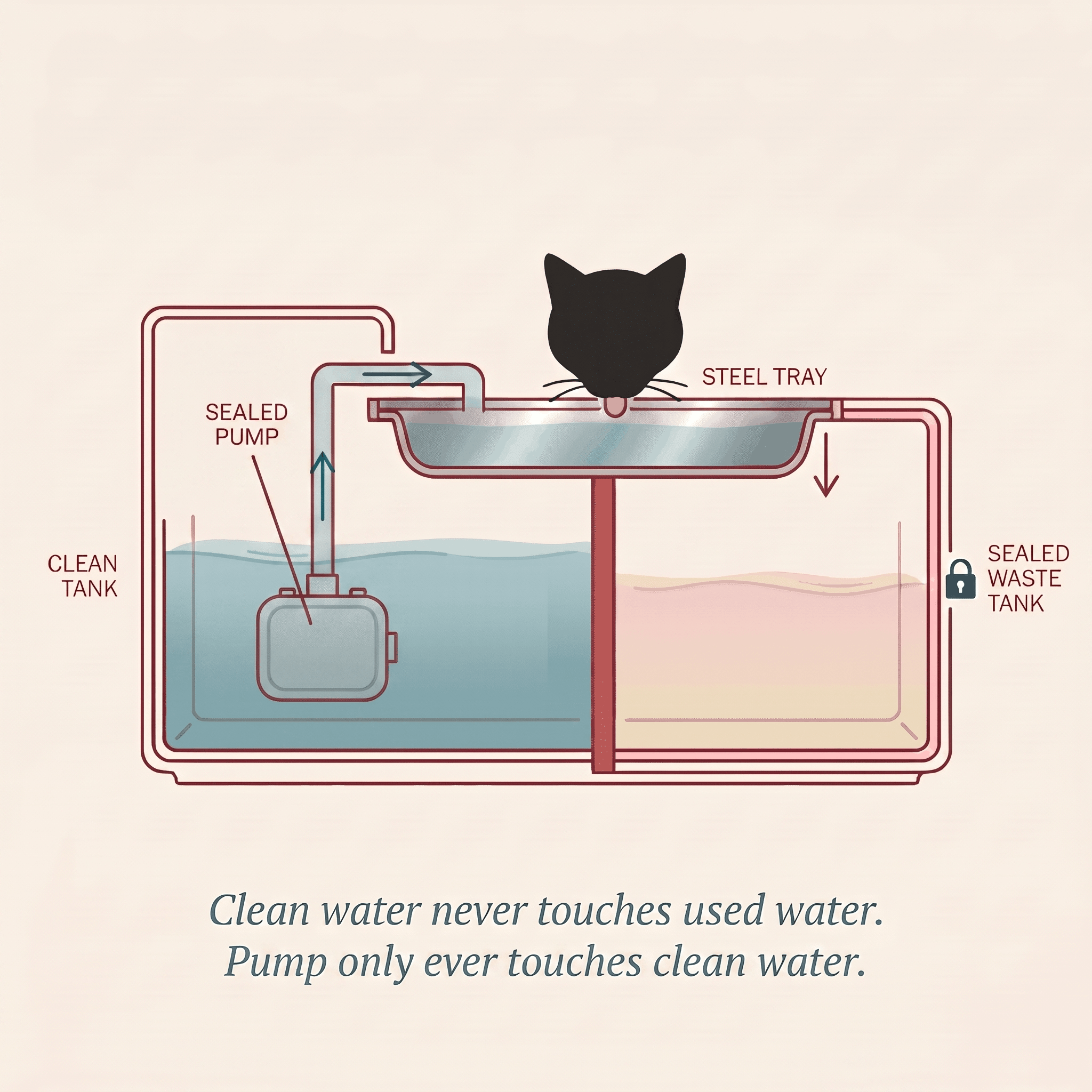 Sealed pump diagram showing pump submerged only in clean water tank, never touching used water